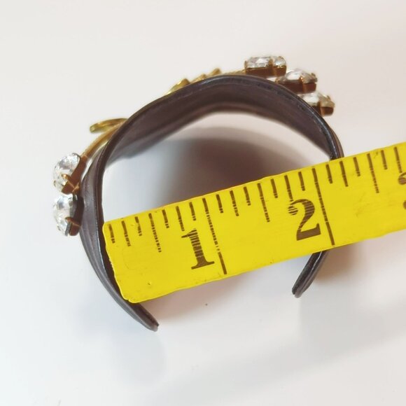Vintage Luigi Briglia Black Leather & Rhinestone Cuff Bracelet Italian Designer - Picture 8 of 8